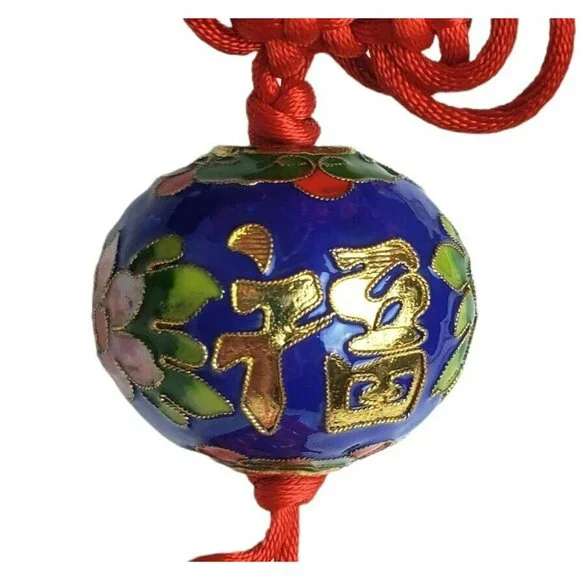 Chinese Ornament Cloisonne Enamel Ball Good Fortune Red Knots Tassel Flower Gold - Picture 3 of 9
